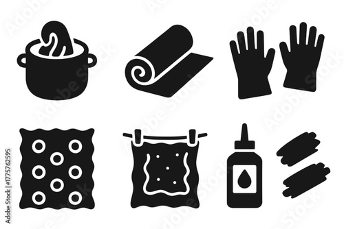 Textile Dyeing Icons. Solid style icons of textile dyeing: dye pot, fabric roll, color swatch, gloves, patterned cloth, drying