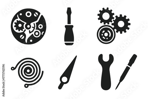 Horology Tools Icons. Solid style icons of Horology Tools: Watch Movement, Small Screwdriver, Loupe, Gear Wheels, Balance Spring,