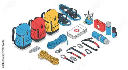 Isometric camping gear set with backpacks, snowshoes, and climbing equipment