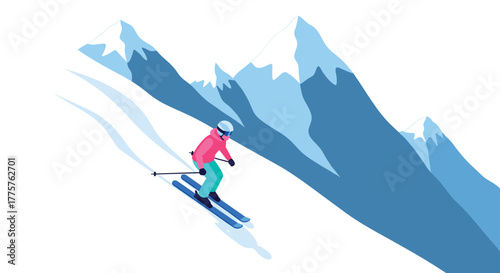 Isometric winter adventure skiing down snowy mountain slopes