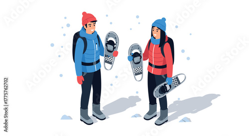 Winter adventure friends enjoy snowshoeing in stylish winter gear in the snowy outdoors