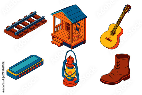 Delta Blues Icons. Isometric vector illustration set Delta Blues: Railroad Track, Porch, Acoustic Guitar, Harmonica, Lantern, Old