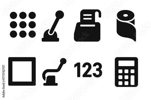 Accounting Equipment Icons. Solid style icons of Accounting Equipment: Keys, Lever, Printed Tape, Paper Roll, Frame, Crank,