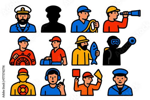 Vibrant Sailor Icons. Flat vector icons of sailors and crew: captain with hat, sailor silhouette, crew member with rope, lookout