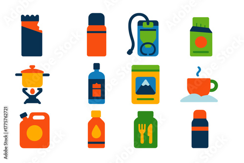 Climbing Gear Icons. Flat vector icons of climbing nutrition and hydration: energy bar, thermos bottle, hydration pack, protein