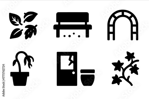 Abandoned Conservatory Icons. Solid style icons of Abandoned Conservatory: Fallen Leaves, Dusty Bench, Glass Panel, Metal Arch,