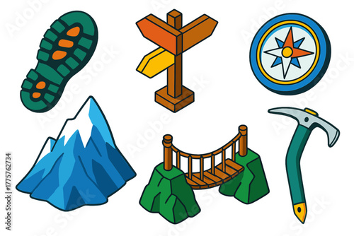 Alpine Hiking Icons. Isometric vector illustration set Alpine Hiking: boot print, signpost with arrows, compass rose, icy mountain