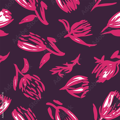 Hand drawn abstract florals seamless repeat pattern. Random placed, vector botany aop, all over surface print on  dark red background.