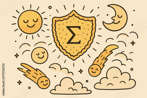 Celestial Doodle Fun. A doodle scene of the aegis floating in the sky, with smiling suns, cheerful moons, and playful comets