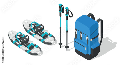 Isometric winter hiking gear backpack, snowshoes, and poles for outdoor adventure