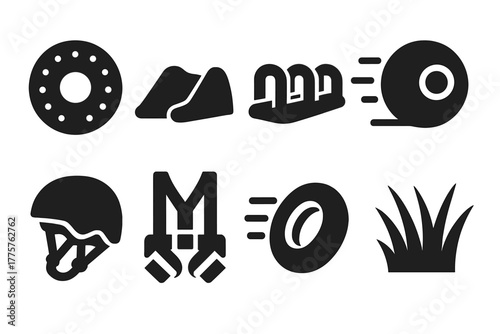 Inflatable Adventure Icons. Solid style icons of Inflatable Adventure Games: Giant Ball, Hill, Momentum, Rolling, Helmet, Harness,