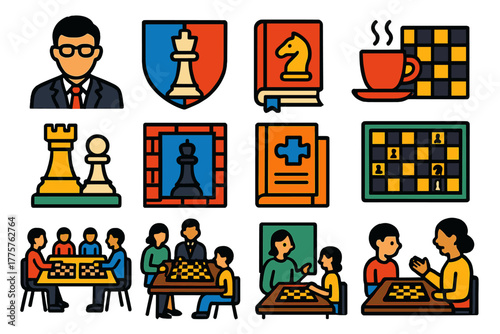Chess Culture Icons. Flat vector icons of chess culture: grandmaster portrait, chess club logo, study book, coffee and chessboard,