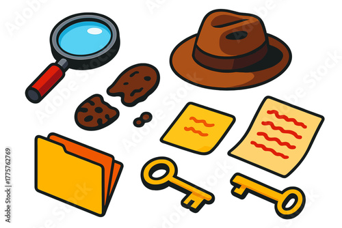 Detective Case Icons. Isometric vector illustration set Detective Case Files: magnifying glass, wide fedora, muddy footprint,