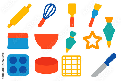 Baking Tools Icons. Flat vector icons of baking tools: rolling pin, whisk, spatula, pastry brush, dough scraper, mixing bowl,