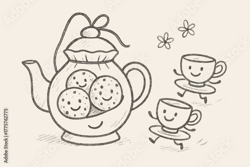 Teapot Cookie Delight. A doodle of a reticule shaped like a friendly teapot, holding smiling cookies inside, with cheerful cups