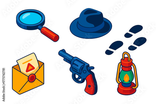 Mystery Investigation Icons. Isometric vector illustration set Mystery Investigation: magnifying glass, detective fedora,