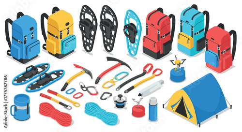 Isometric outdoor adventure gear set with backpacks, climbing tools, and camping equipment