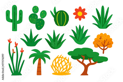 Desert Plant Icons. Flat vector icons of desert plants: tall saguaro cactus, prickly pear cactus, barrel cactus, blooming cactus