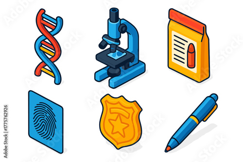 Criminal Investigation Icons. Isometric vector illustration set Criminal Investigation: DNA spiral, crime lab microscope, labeled