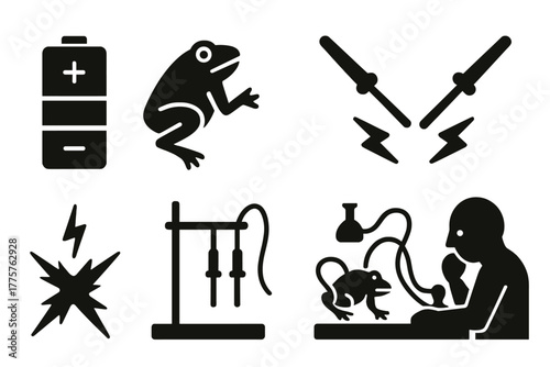 18th Century Experiment Icons. Solid style icons of 18th Century Experiments: Battery, Frog Legs, Twitch, Electrodes, Stand,