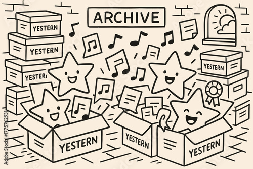 Joyful Archive Room. A doodle scene of a joyful archive room where boxes labeled “yestern” open up to reveal smiling stars, notes,