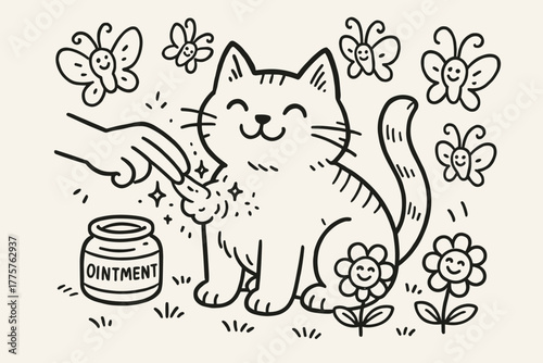 Enchanted Cat Care. A doodle illustration of a friendly cat being gently rubbed with magical ointment, surrounded by giggling