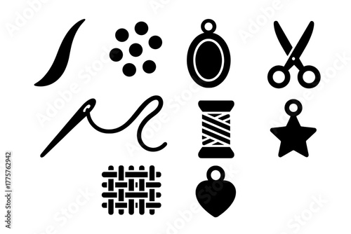 Hair Jewelry Icons. Solid style icons of Hair Jewelry Making: Hair Strand, Tiny Beads, Locket, Embroidery Needle, Thread, Scissors
