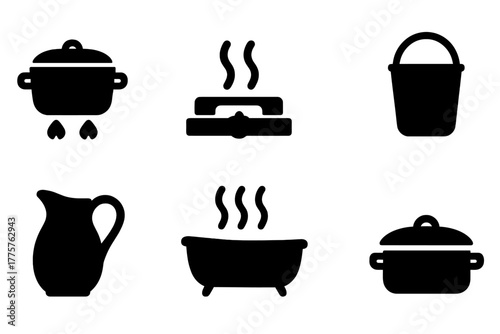 Water Heating Icons. Solid style icons of Water Heating: Iron Pot, Stove, Steam, Bucket, Pitcher, Tub, Firewood, Lid, No text, No
