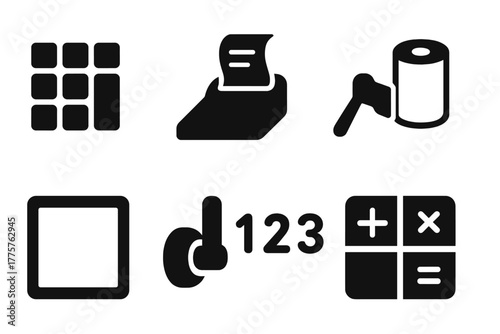 Accounting Equipment Icons. Solid style icons of Accounting Equipment: Keys, Lever, Printed Tape, Paper Roll, Frame, Crank,
