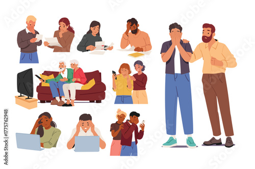 Diverse people character reading bad news with various expressions of sadness, shock, or dismay