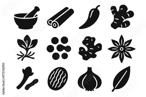 Spice Essentials Icons. Solid style icons of spice essentials: mortar and pestle, cinnamon, chili, saffron, peppercorns, ginger