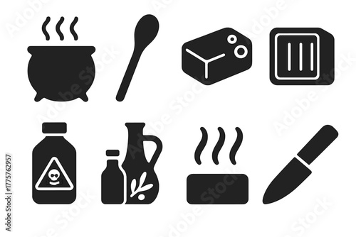 Soap Making Icons. Solid style icons of Soap Making: Cauldron, Wooden Spoon, Block of Soap, Mold, Lye Bottle, Oils, Steam, Knife,