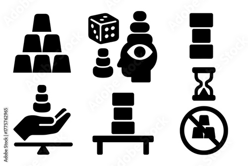 Skillful Stacking Icons. Solid style icons of Skillful Stacking: Cup, Dice, Tower, Hand, Focus, Timer, Balance, Table, No text, No