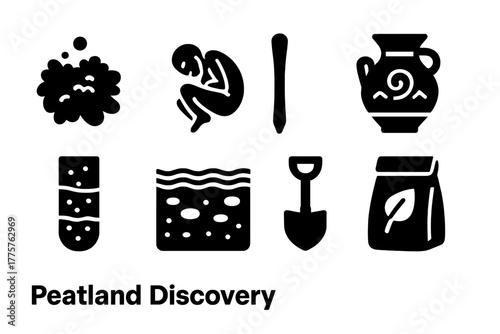 Peatland Discovery Icons. Solid style icons of Peatland Discovery: Wet Moss, Preserved Body, Wooden Tool, Ancient Relic, Soil Core