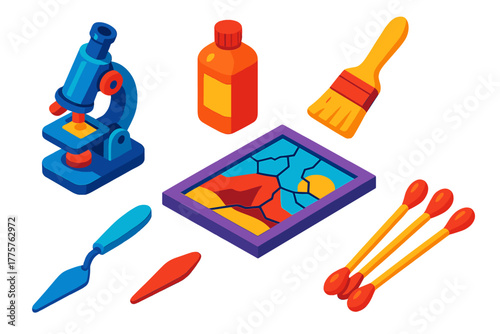 Art Conservation Tools. Isometric vector illustration set Art Conservation: Microscope, Solvent, Brush, Cracked Painting, Palette