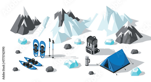 Isometric winter camping gear and mountain scenery for outdoor adventures