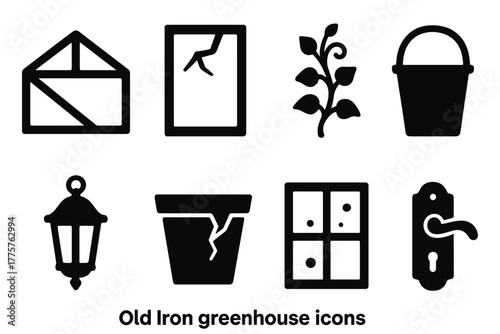 Old Iron Greenhouse Icons. Solid style icons of Old Iron Greenhouse: Metal Frame, Broken Pane, Creeping Plant, Empty Bucket,