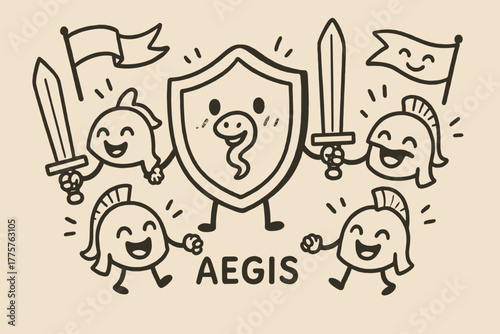 Friendly Gear Parade. A doodle illustration of the aegis shield as a friendly character, holding hands with smiling swords,
