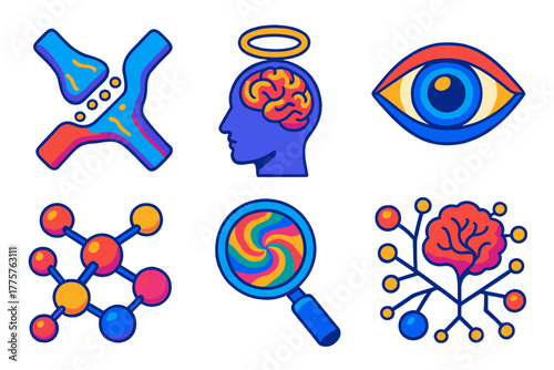 Psychedelic Neural Pathways. Isometric vector illustration set Psychedelic Research: Neural Pathway, Consciousness, Perception,