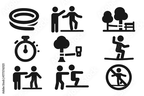 Slackline Training Elements. Solid style icons of Slackline Training: Rope, Trainer, Student, Park, Stopwatch, Tree Anchor, Pose,