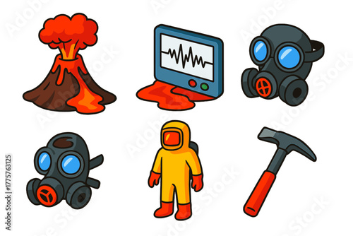 Volcanology Icon Set. Isometric vector illustration set Volcanology: Eruption, Lava Flow, Seismograph, Gas Mask, Safety Suit, Rock
