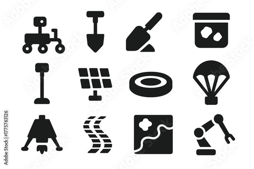 Planetary Exploration Icons. Solid style icons of planetary exploration: rover, drill, soil scoop, sample container, camera mast,