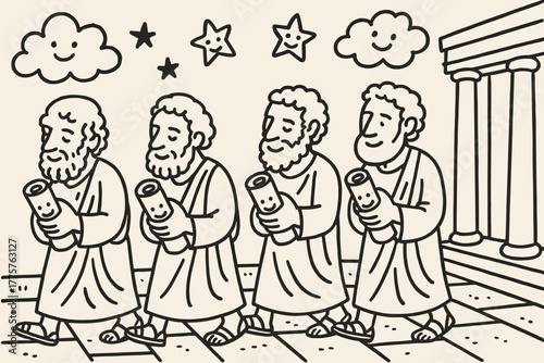 Philosophers' Stroll Under Stars. A doodle scene of philosophers strolling along a xystus, each scroll smiling in their hands,