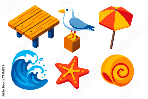 Seaside Isometric Icons. Isometric vector illustration set Seaside Escape: pier with planks, perched seagull, crashing waves,