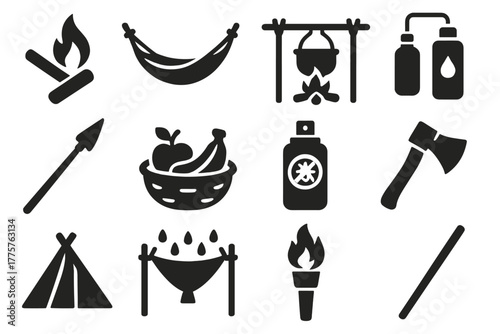 Jungle Survival Icons. Solid style icons of jungle survival: firestarter, hammock, cooking pot, water filter, fishing spear, fruit