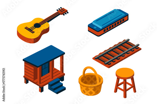 Delta Blues Elements. Isometric vector illustration set Delta Blues: Acoustic Guitar, Harmonica, Porch, Railroad Track, Straw