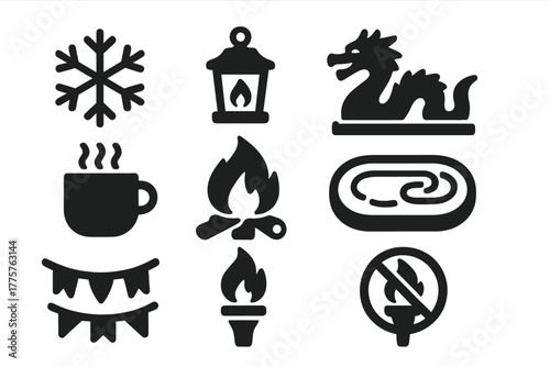 Winter Festival Icons. Solid style icons of Winter Festival: snowflake, lantern, ice sculpture, hot drink, fire pit, skating rink,