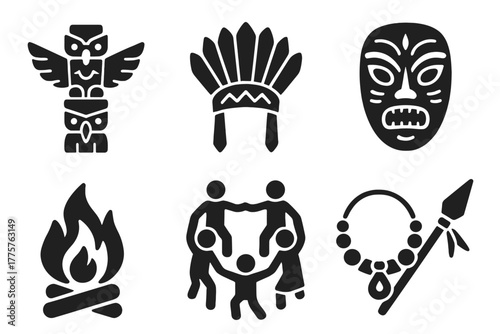 Tribal Tradition Icons. Solid style icons of Tribal Traditions: totem pole, feather headdress, ritual drum, painted mask, sacred