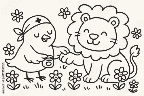Healer Bird's Compassion. A doodle scene of a healer bird with a tiny jar rubbing ointment on a lion’s paw, both smiling as