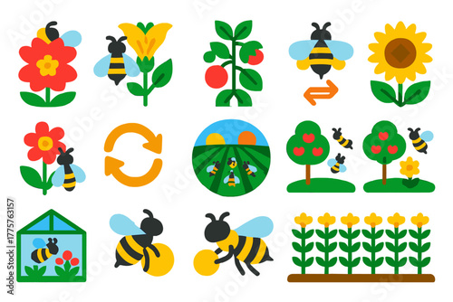 Vibrant Pollination Icons. Flat vector icons of pollination: bee on fruit blossom, bee on vegetable flower, bee on berry bush, bee